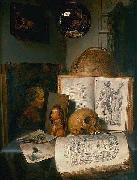 simon luttichuys Vanitas still life with skull, books, prints and paintings oil